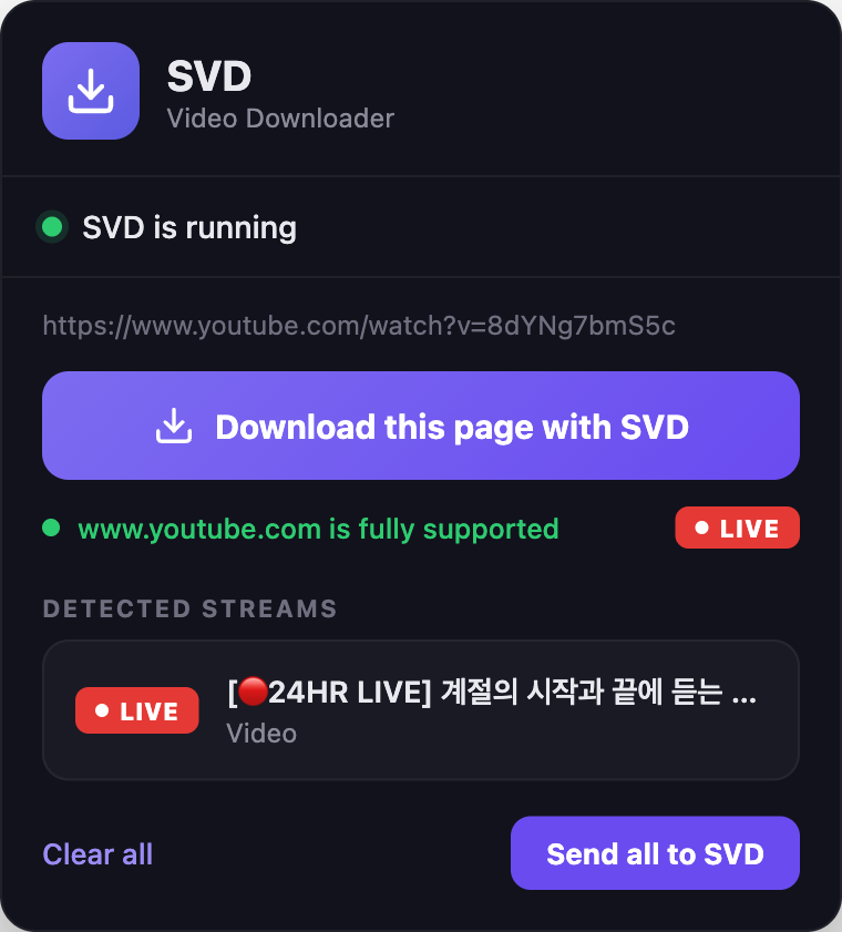 Extensión de navegador de SVD mostrando una insignia LIVE roja sobre un directo de YouTube, lista para grabar