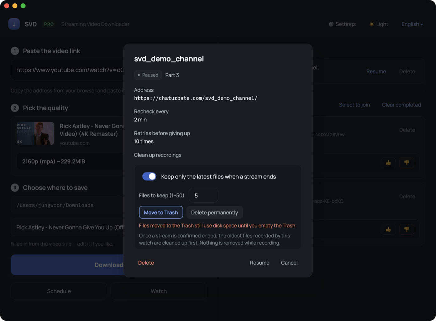 Open a channel to see its address, interval and cleanup settings — or remove it.