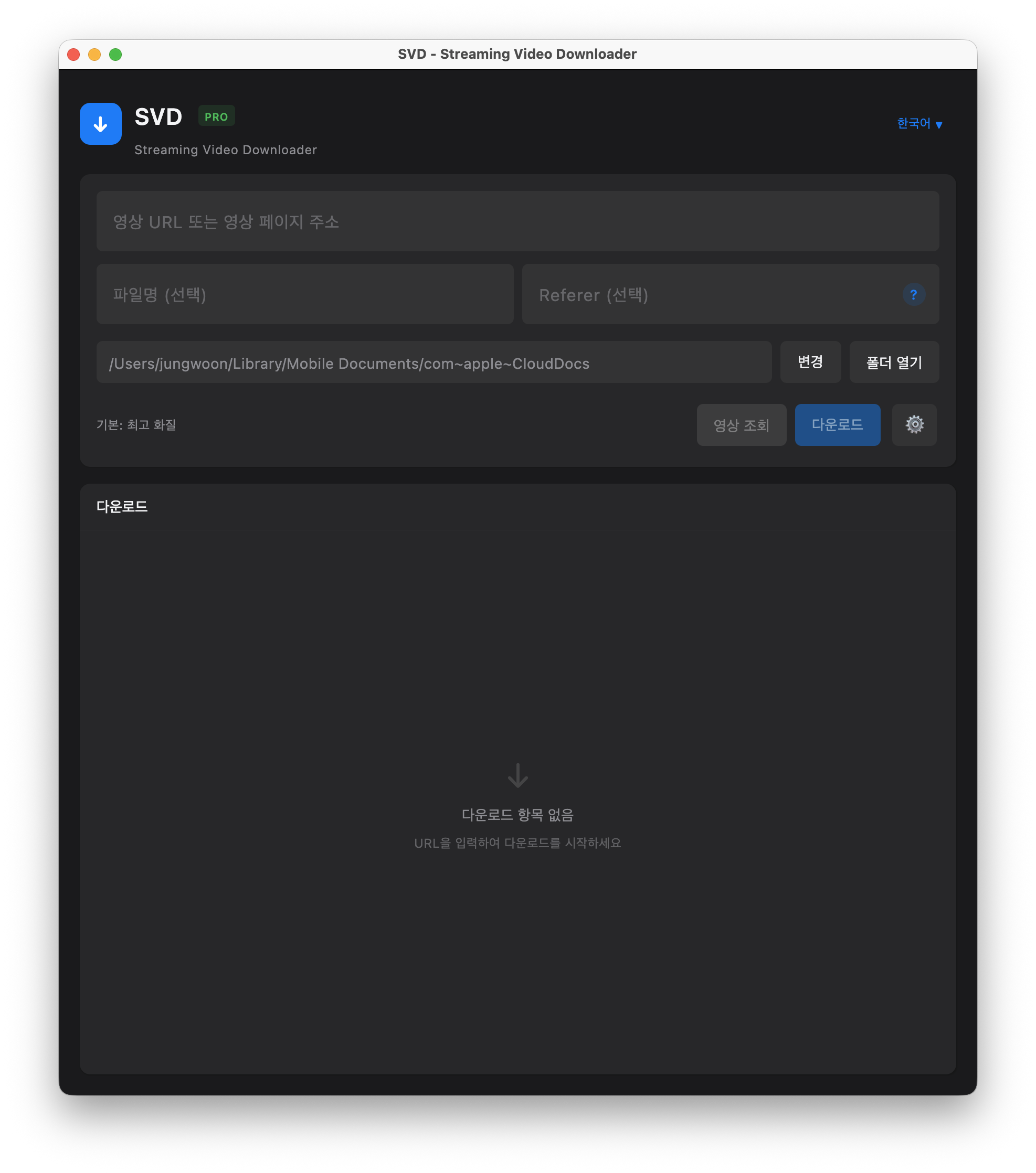 SVD 애플리케이션 인터페이스 - 다운로드 진행률과 포맷 선택 화면