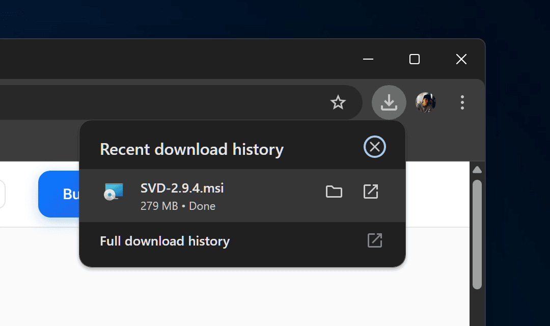 Chrome download list showing SVD-2.9.4.msi at 279 MB, Done