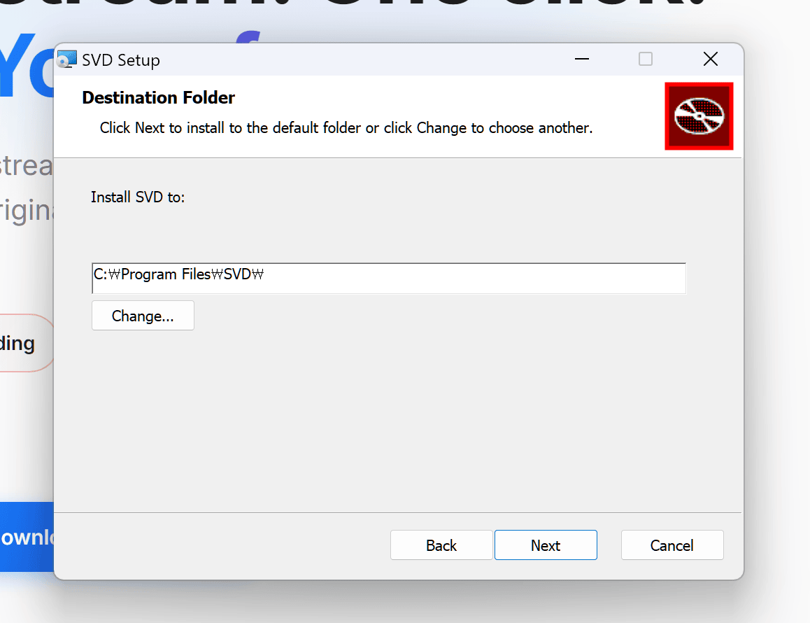 SVD Setup destination folder screen