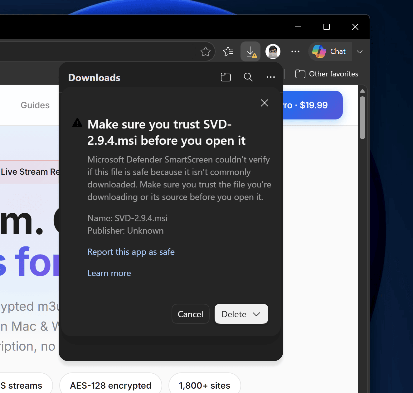 SVD-2.9.4.msi를 열기 전에 신뢰하는지 확인하라는 Edge SmartScreen 창